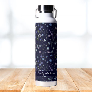 Monogram Blue Purple Pretty Wildflower Floral Water Bottle
