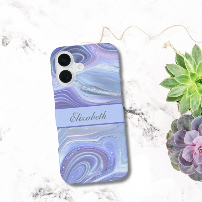 Monogram Blue Purple Silver Glitter Agate Marble   iPhone 16 Case (Blue Purple Silver Marble Swirl Pattern Monogrammed iPhone 16 15 14 13 12 11 case Gift for her)