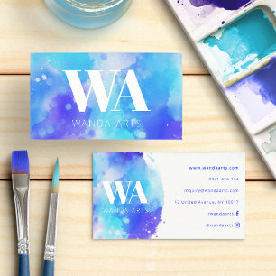 Monogram Blue Purple Watercolor Artist Business Card