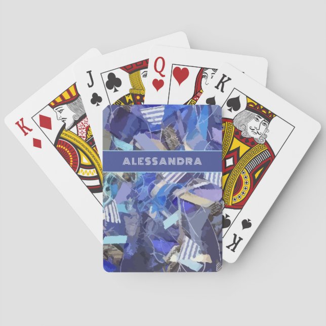 Monogram blue purple white abstract stripe pattern playing cards (Back)