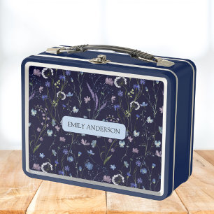 Monogram Blue Purple Wildflower Floral Pattern Metal Lunch Box