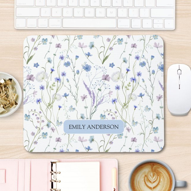 Monogram Blue Purple Wildflower Floral Pattern Mouse Mat (In situ)