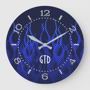 Monogram Blue Racing Flames on Carbon Fibre Print Large Clock