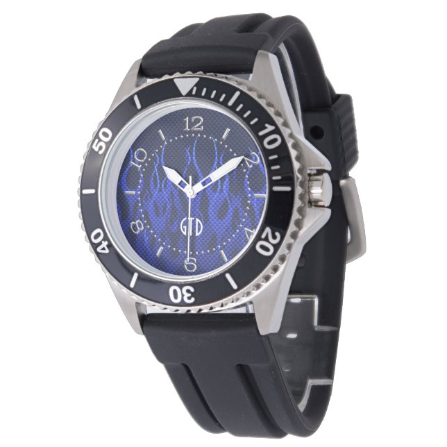 Monogram Blue Racing Flames on Carbon Fibre Print Watch (Angled)