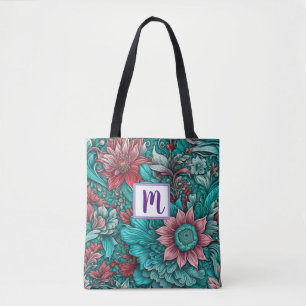 Monogram Blue Red Flowers  Tote Bag