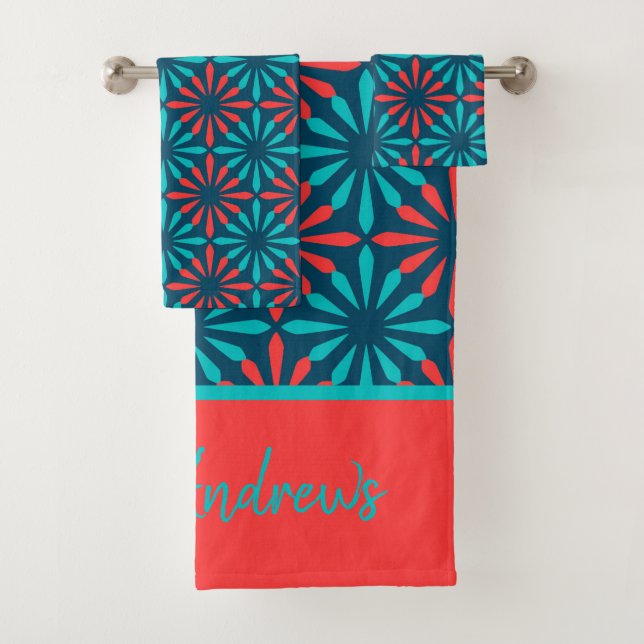 Monogram Blue Red Pattern Personalised Name Bath Towel Set (Insitu)