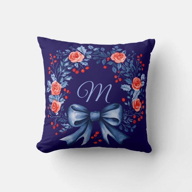 Monogram Blue Red Rose Christmas Cushion (Front)