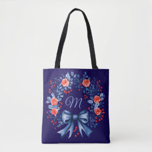 Monogram Blue Red Rose Christmas Tote Bag