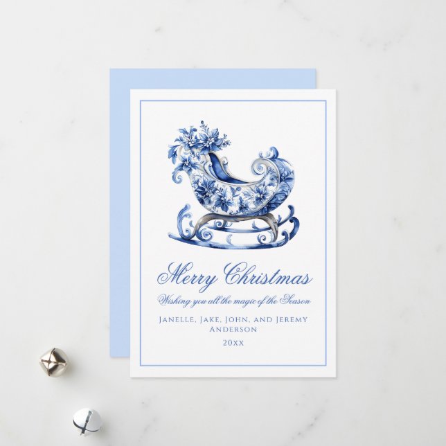 Monogram Blue Red Wreath Christmas Holiday Card (Front/Back In Situ)