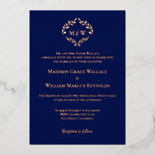 Monogram Blue Rose Gold Luxe Elegant Crest