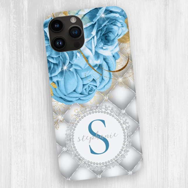 Monogram Blue Roses Diamonds Sparkle Tufted Glam Case-Mate iPhone Case (Creator Uploaded)