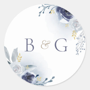 monogram blue roses wedding classic round sticker