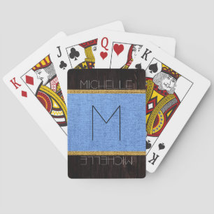 Monogram Blue Rustic Burlap Wood Look Playing Cards