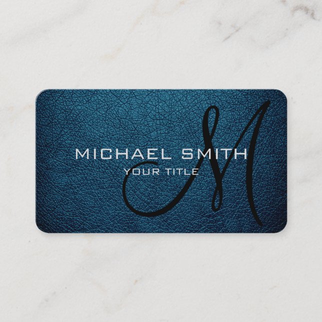 Monogram Blue Sapphire Leather Look Business Card (Front)