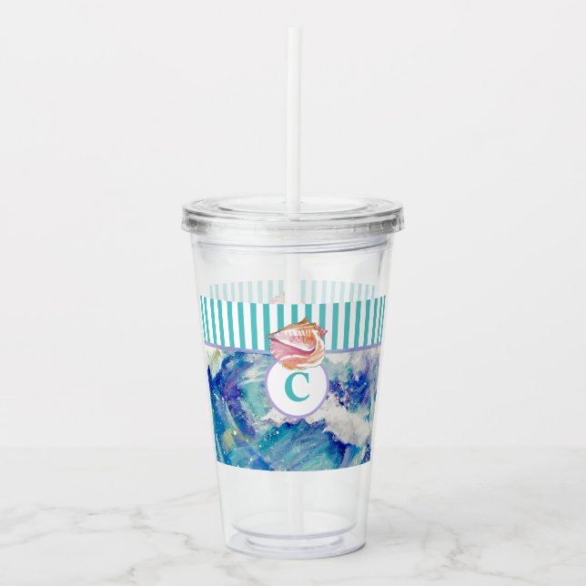 Monogram Blue Sea Abstract Seashell Stripes Acrylic Tumbler (Front)