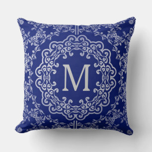 Monogram Blue & Silver Filigree Motif Throw Pillow