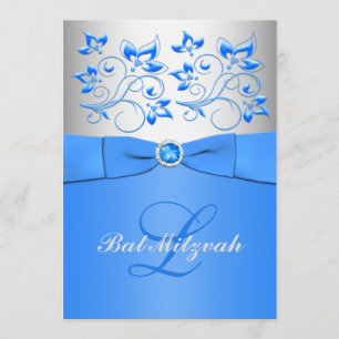 Monogram Blue Silver Floral Bat Mitzvah Invitation