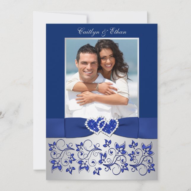 Monogram Blue, Silver Floral PHOTO Wedding Invite (Front)