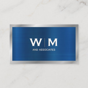 Monogram   Blue Silver Metallic Brushed Business Card