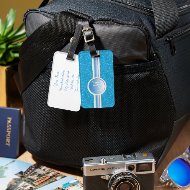 Monogram Blue Sparkles Personalised Luggage Tag (Front & Back)