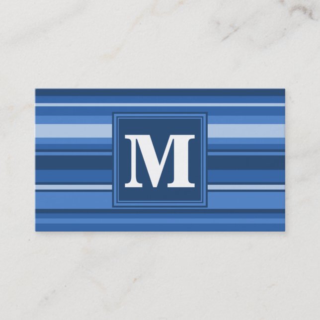 Monogram blue stripes business card (Front)