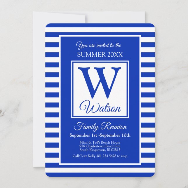 Monogram Blue Stripes Summer Family Reunion Invitation (Front)