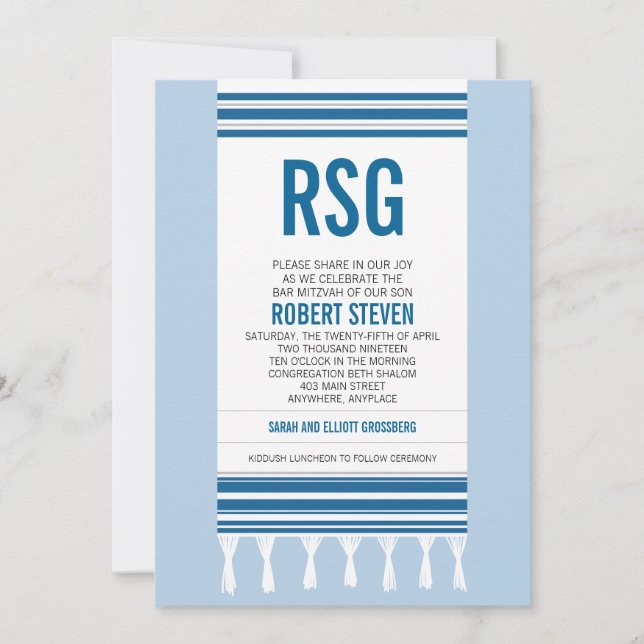 Monogram Blue Tallit Bar Mitzvah Invitation (Front)