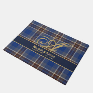 Monogram Blue Tartan Plaid Newlyweds Wedding Doormat