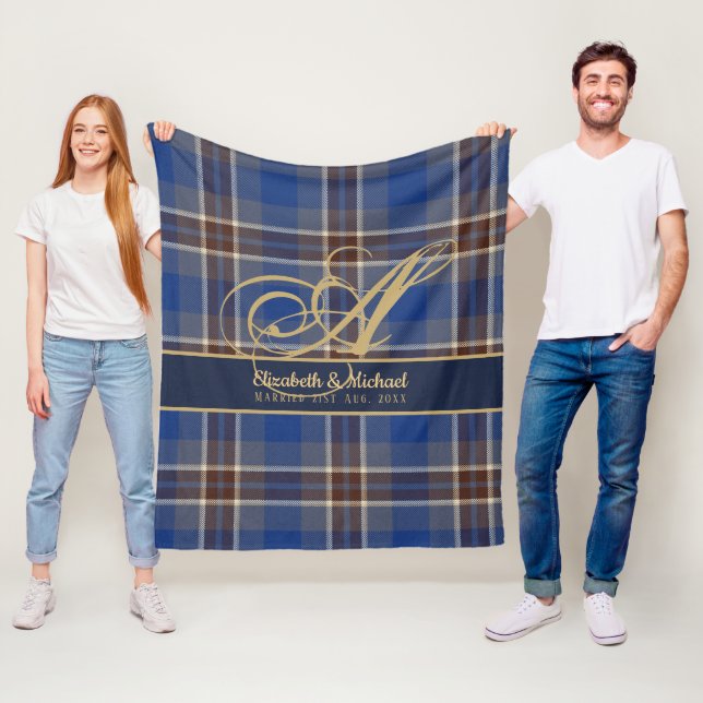 Monogram Blue Tartan Plaid Newlyweds Wedding Fleece Blanket (In Situ)