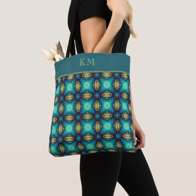 Monogram Blue Teal Abstract Floral Chic Girly  Tote Bag (Close Up)