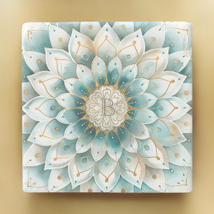 Monogram Blue Teal Gold Floral Mandala Stone Coaster