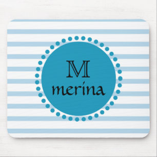 Monogram Blue Teal Gold Striped Circle Mouse Mat