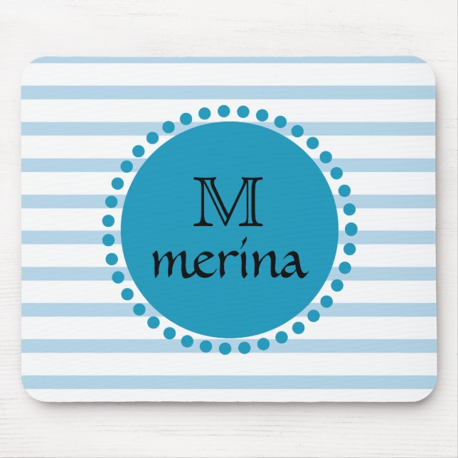 Monogram Blue Teal Gold Striped Circle Mouse Mat (Front)