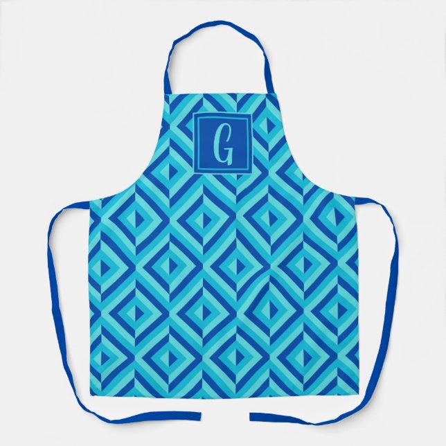 Monogram Blue Three-Tone Diamond Pattern Apron (Front)