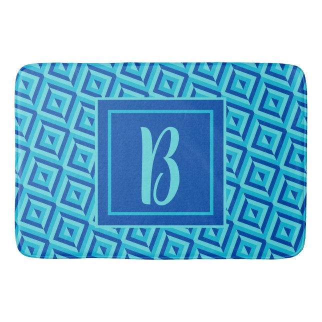 Monogram Blue Three-Tone Diamond Pattern Bath Mat (Front)