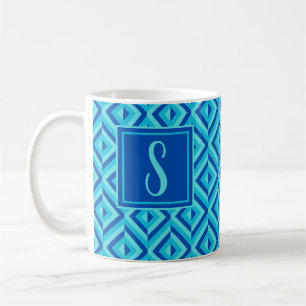 Monogram Blue Three-Tone Diamond Pattern Coffee Mug