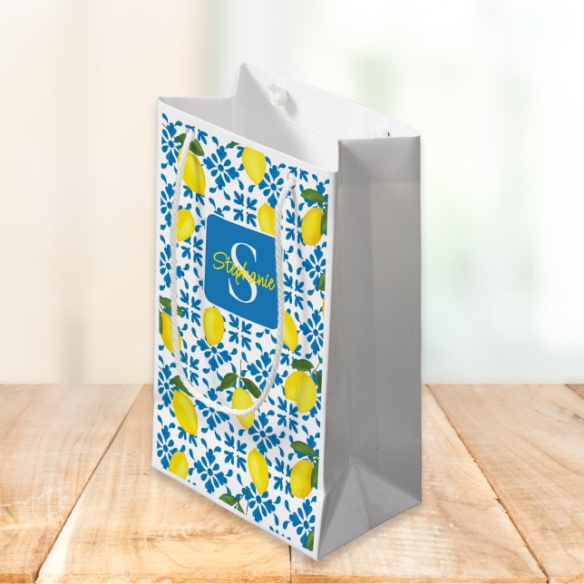 Monogram Blue Tile French Country Lemon Pattern  Small Gift Bag (Creator Uploaded)