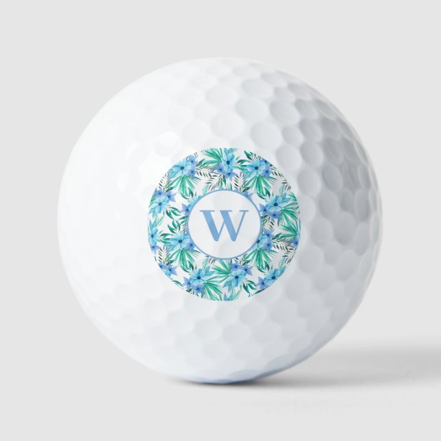 Monogram Blue Tropical Floral Golf Balls (Front)
