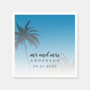 Monogram Blue Tropical Palm Tree Beach Wedding Napkin