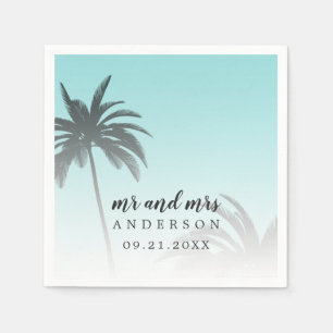Monogram Blue Tropical Palm Tree Beach Wedding Napkin