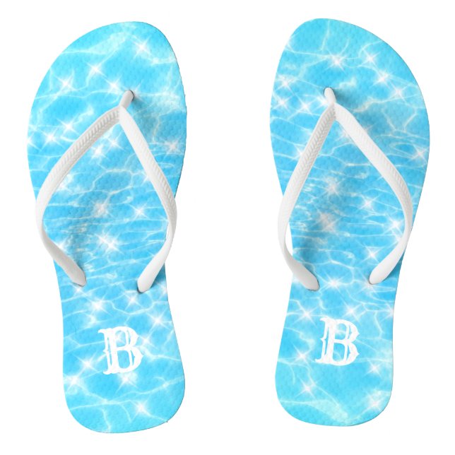 Monogram Blue Tropical Water Ripple Custom Initial Flip Flops (Footbed)