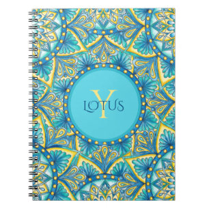 Monogram Blue Turquoise Floral Mandala Pattern Notebook
