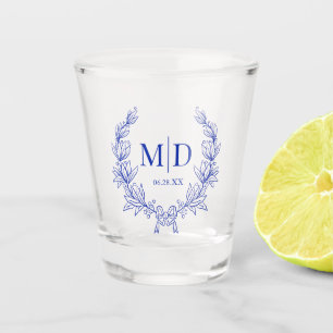 Monogram Blue Victorian Wedding Crest Custom Shot Glass