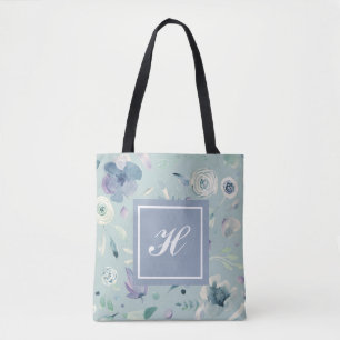 Monogram Blue Violet Watercolor Floral Pattern Tote Bag
