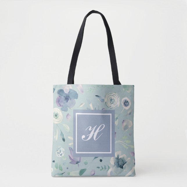 Monogram Blue Violet Watercolor Floral Pattern Tote Bag (Front)