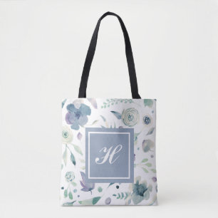 Monogram Blue Violet Watercolor Floral Pattern Tote Bag