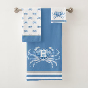 Monogram Blue Watercolor Crab Nautical Coastal  Bath Towel Set