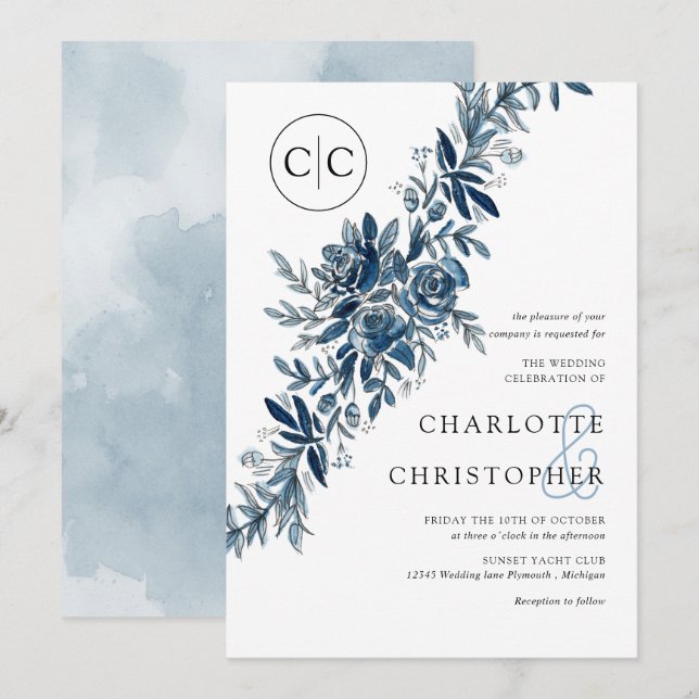 Monogram blue watercolor floral lineart wedding invitation (Front/Back)