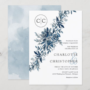 Monogram blue watercolor floral lineart wedding invitation
