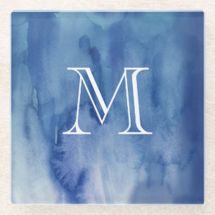 Monogram Blue Watercolor Texture Abstract Painting Glass Coaster